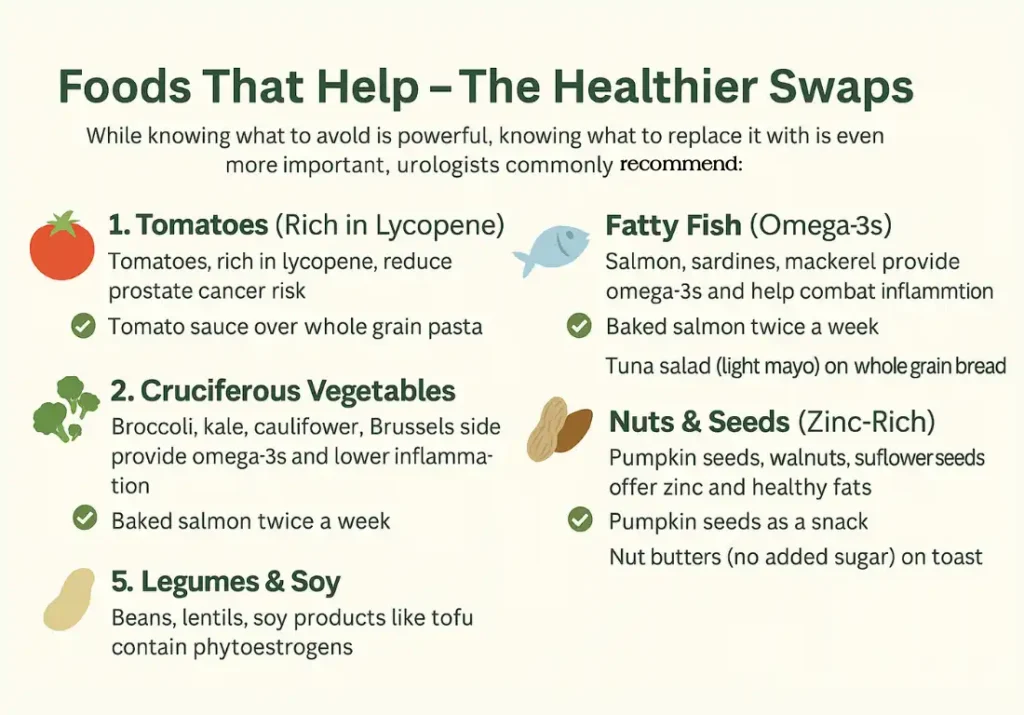 Infographic listing five foods that support prostate health, including tomatoes, cruciferous vegetables, fatty fish, nuts and seeds, and legumes & soy, along with dietary tips for each
