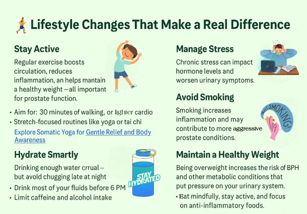 Infographic listing six lifestyle tips for better prostate health, including staying active, hydrating smartly, managing stress, avoiding smoking, and maintaining a healthy weight. Illustrated with friendly icons and calming colors.