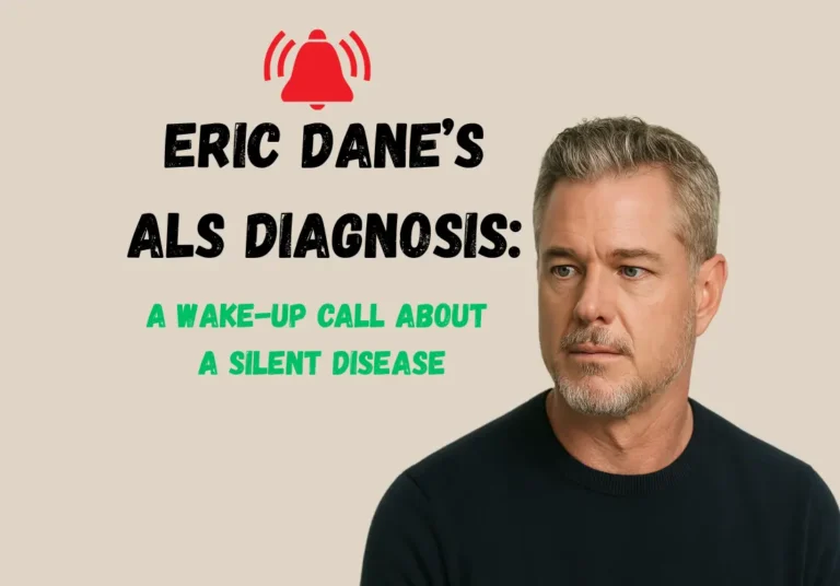 Eric Dane with headline text about his ALS diagnosis, set against a beige background with centered layout.