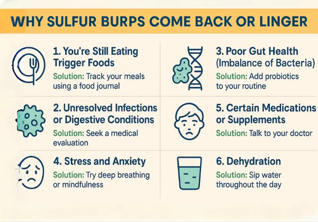 Infographic listing six reasons why sulfur burps return or persist, including diet, infections, poor gut health, stress, medications, and dehydration, with corresponding solutions.