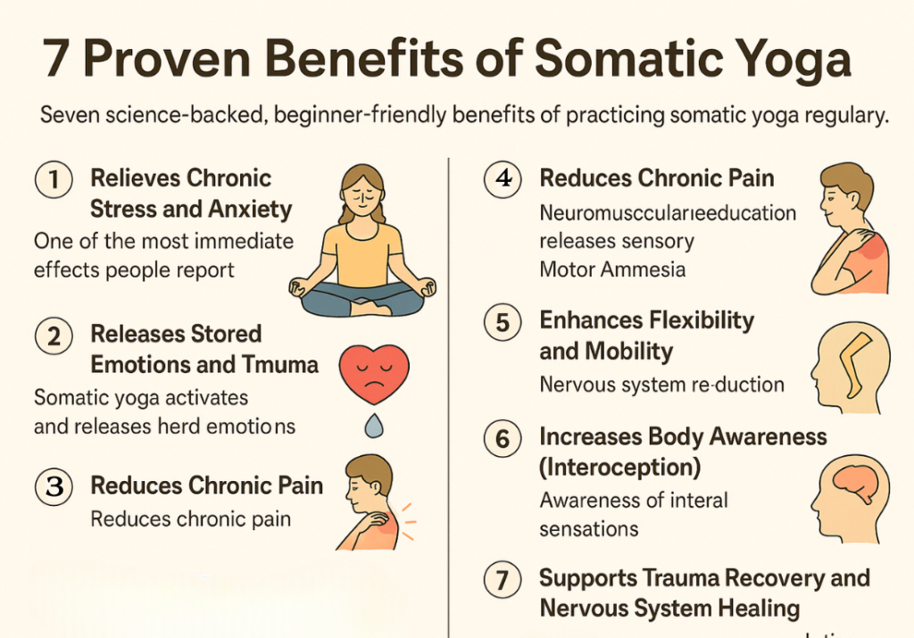 An illustrated infographic titled 7 Proven Benefits of Somatic Yoga, highlighting beginner-friendly advantages such as stress relief, emotional release, chronic pain reduction, improved mobility, and nervous system healing, with supportive icons and simplified text.