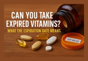 Spilled vitamin bottle with pills and an expiration date, illustrating the question: Can you take expired vitamins?