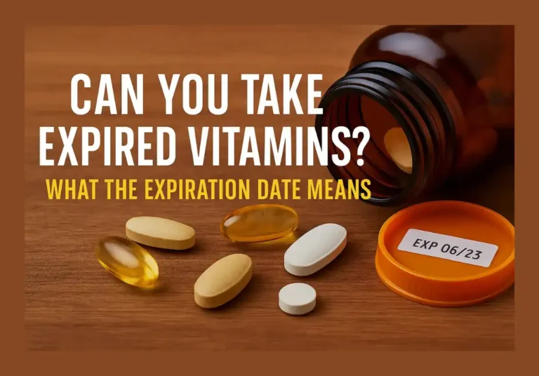 Spilled vitamin bottle with pills and an expiration date, illustrating the question: Can you take expired vitamins?