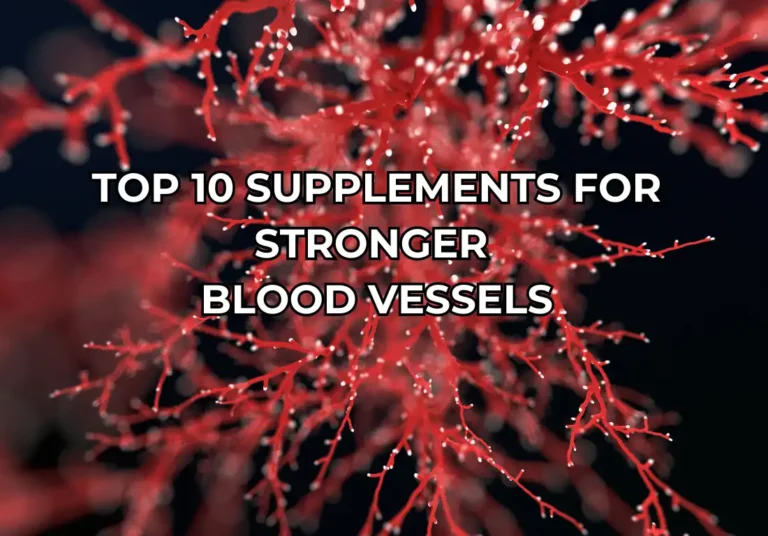 Visual depiction of blood vessels with text overlay highlighting the top supplements to strengthen blood vessels naturally.