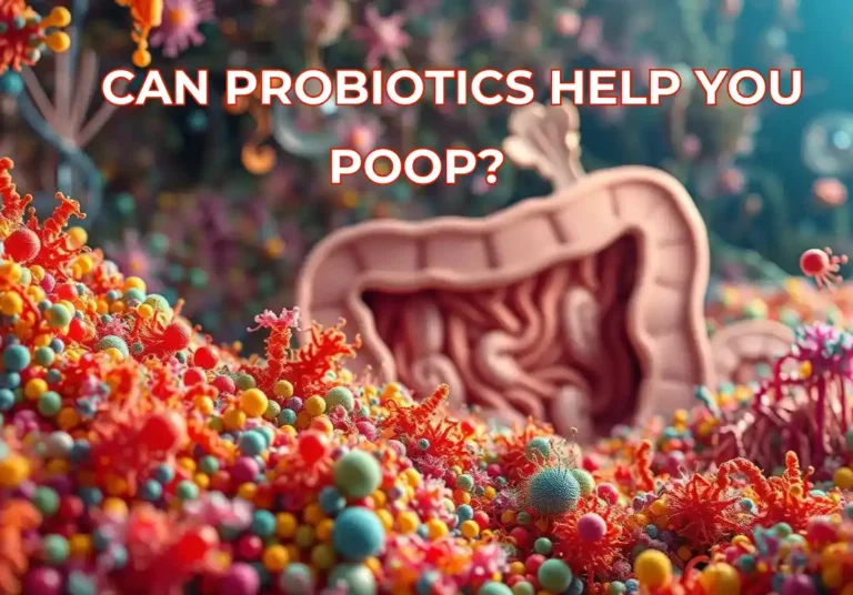 Colorful gut microbiome illustration with probiotics, highlighting the question: do probiotics make you poop.