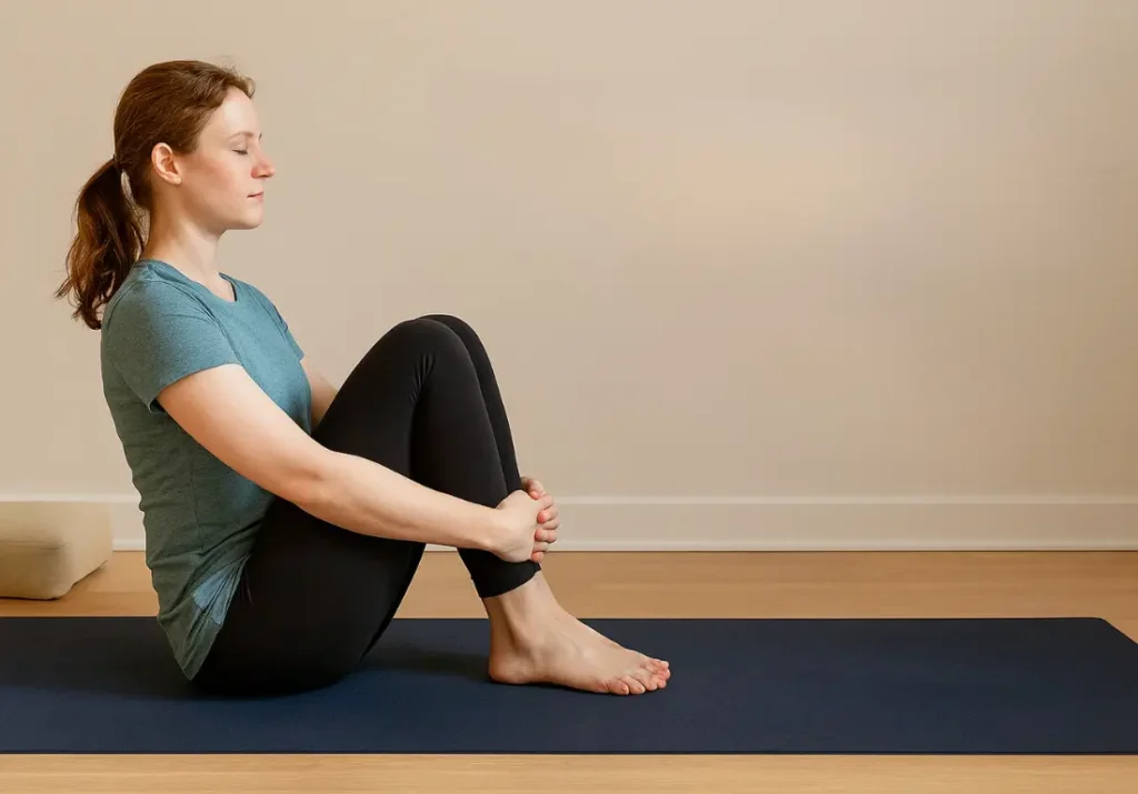 A woman seated on a yoga mat in a calm, neutral-toned room, gently hugging her knees in a relaxed somatic yoga pose with eyes closed, symbolizing mindfulness and safety in practice.