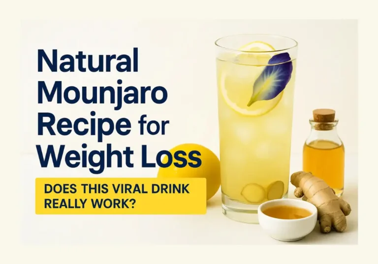 Natural Mounjaro recipe ingredients with lemon, ginger, and apple cider vinegar alongside text asking if the viral drink really works