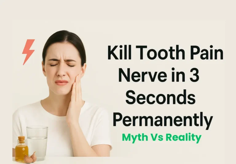 Woman experiencing tooth pain holding her cheek, with natural home remedies in the background and bold text highlighting Kill Tooth Pain Nerve in 3 Seconds Permanently.