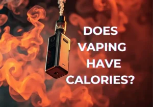 Electronic vape device surrounded by swirling smoke with bold text asking, "Does vaping have calories?"