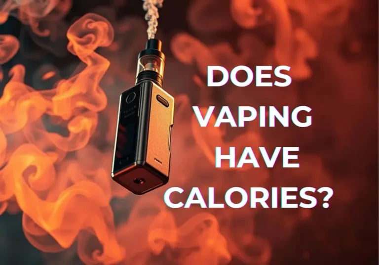 Electronic vape device surrounded by swirling smoke with bold text asking, "Does vaping have calories?"