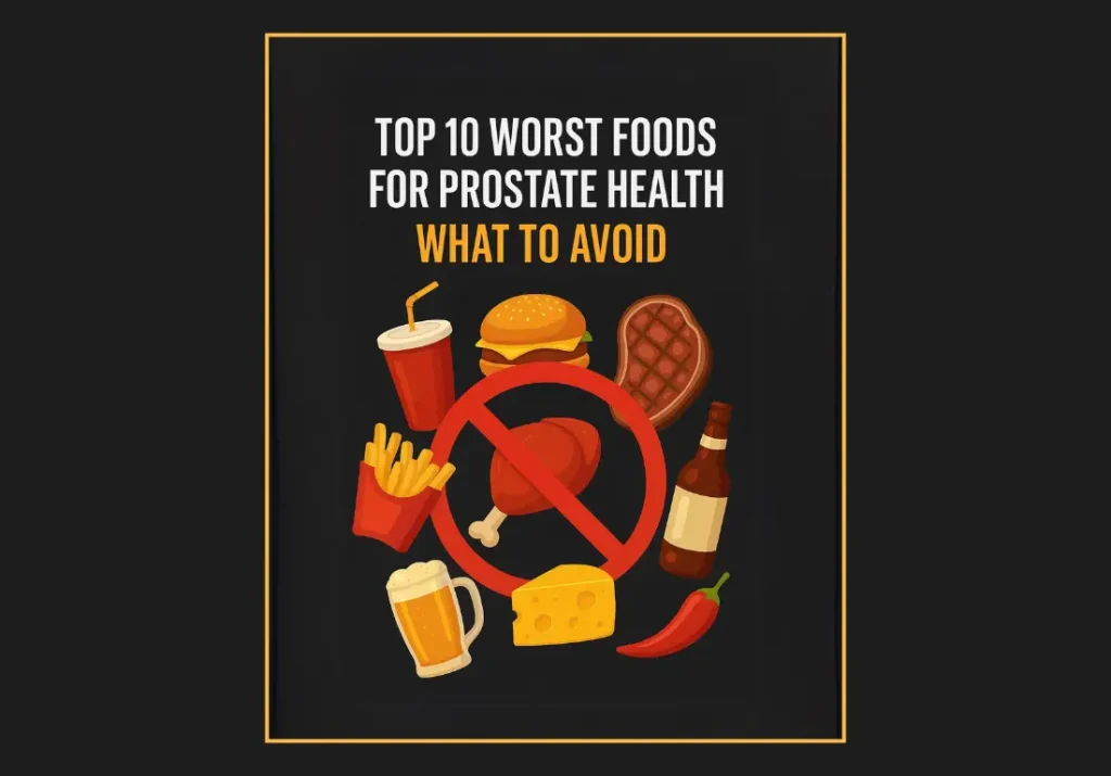 Text image titled 'TOP 10 WORST FOODS FOR PROSTATE HEALTH' with a subtitle 'WHAT TO AVOID' in bold letters