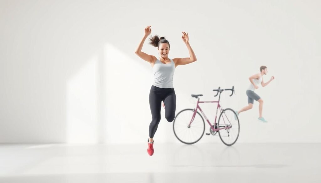High-quality 3D render of a cardio exercise comparison scene, featuring a woman performing jumping jacks in the foreground, with side-by-side comparisons of other popular cardio activities like running, cycling, and swimming in the middle ground. Set against a clean, minimalist background with soft, flattering lighting that highlights the subjects. Rendered with a photorealistic style, high-resolution, and a wide depth of field to create a sense of depth and emphasis on the central figure. The overall composition should convey a sense of fitness, wellness, and the relative calorie-burning potential of the different exercises. High-quality 3D render of a cardio exercise comparison scene, featuring a woman performing jumping jacks in the foreground, with side-by-side comparisons of other popular cardio activities like running, cycling, and swimming in the middle ground. Set against a clean, minimalist background with soft, flattering lighting that highlights the subjects. Rendered with a photorealistic style, high-resolution, and a wide depth of field to create a sense of depth and emphasis on the central figure. The overall composition should convey a sense of fitness, wellness, and the relative calorie-burning potential of the different exercises.