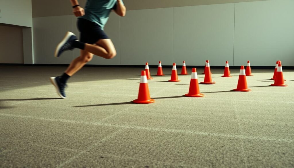Lateral zig-zag drill featuring a dynamic, high-contrast scene. In the foreground, a person in athletic gear dashes across the frame, their limbs a blur as they weave through a series of evenly spaced cones arranged in a zig-zag pattern. The middle ground showcases the drill setup, with the cones casting long, sharp shadows against a textured, mottled surface. The background features a clean, minimalist environment, perhaps a gymnasium or training facility, with muted colors and subtle lighting that accentuates the subject's movement and the drill's structured layout. Overall, the image conveys a sense of speed, agility, and the intensity of the training exercise.