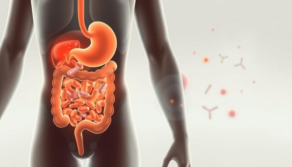 Probiotics side effects: a digestive health visualization. A realistic scientific illustration depicting common gastrointestinal issues associated with probiotic supplements. In the foreground, a detailed cutaway diagram showcases the internal bodily systems, with highlighted areas of discomfort, bloating, and disruption. The middle ground features abstract anatomical elements, complemented by a clean, minimalist background that emphasizes the clinical, informative nature of the image. Subtle lighting and a neutral color palette convey a sense of balance, while the overall composition guides the viewer's eye to the key areas of interest. The goal is to create an informative, visually engaging image that supports the article's section on potential probiotic side effects and precautions.