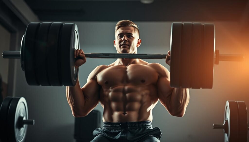 Prompt A muscular athlete performing a 1 repetition maximum (1RM) barbell lift, captured in a dynamic, high-contrast lighting setup. The lifter, clad in workout attire, is in the middle of an intense, explosive lift, their face etched with determination. The barbell is loaded with heavy weights, creating a sense of the immense effort required. The background is blurred, drawing the viewer's attention to the powerful, technical form of the lift. The scene is shot from a low angle, emphasizing the lifter's strength and dominance. Dramatic shadows and highlights accentuate the muscles and tension in the lifter's body, conveying the essence of 1RM strength training. Prompt A muscular athlete performing a 1 repetition maximum (1RM) barbell lift, captured in a dynamic, high-contrast lighting setup. The lifter, clad in workout attire, is in the middle of an intense, explosive lift, their face etched with determination. The barbell is loaded with heavy weights, creating a sense of the immense effort required. The background is blurred, drawing the viewer's attention to the powerful, technical form of the lift. The scene is shot from a low angle, emphasizing the lifter's strength and dominance. Dramatic shadows and highlights accentuate the muscles and tension in the lifter's body, conveying the essence of 1RM strength training.