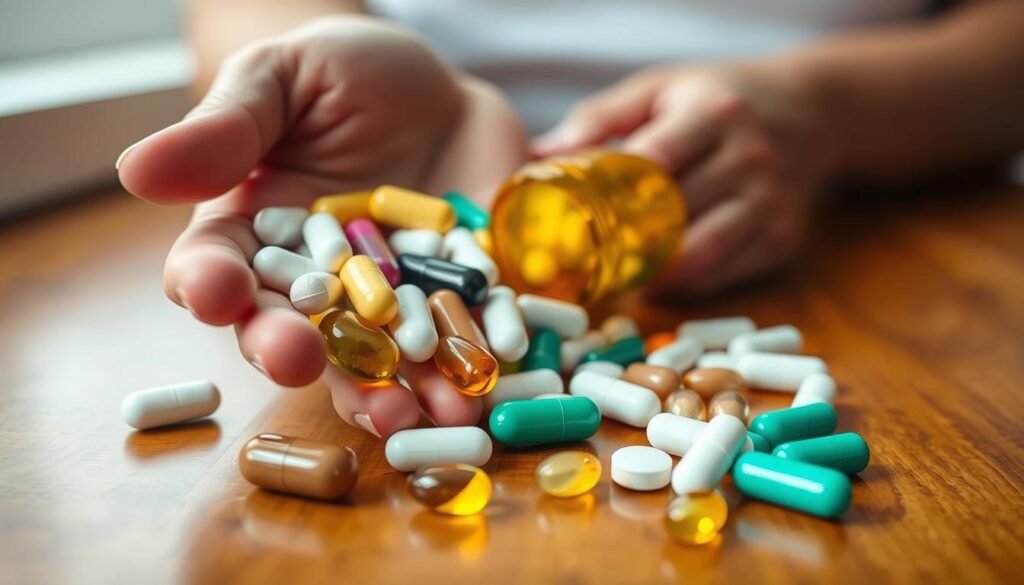 Realistic close-up of a person's hand holding various types of prenatal vitamins, with some spilled on a wooden table. The lighting is natural and slightly warm, creating a soft, clinical atmosphere. The pills are in focus, with a shallow depth of field blurring the background. The composition emphasizes the contrast between the vibrant colors of the supplements and the neutral tones of the table surface. The image conveys the potential side effects and risks associated with prenatal vitamins, inviting the viewer to consider the importance of proper dosage and medical guidance. Realistic close-up of a person's hand holding various types of prenatal vitamins, with some spilled on a wooden table. The lighting is natural and slightly warm, creating a soft, clinical atmosphere. The pills are in focus, with a shallow depth of field blurring the background. The composition emphasizes the contrast between the vibrant colors of the supplements and the neutral tones of the table surface. The image conveys the potential side effects and risks associated with prenatal vitamins, inviting the viewer to consider the importance of proper dosage and medical guidance.