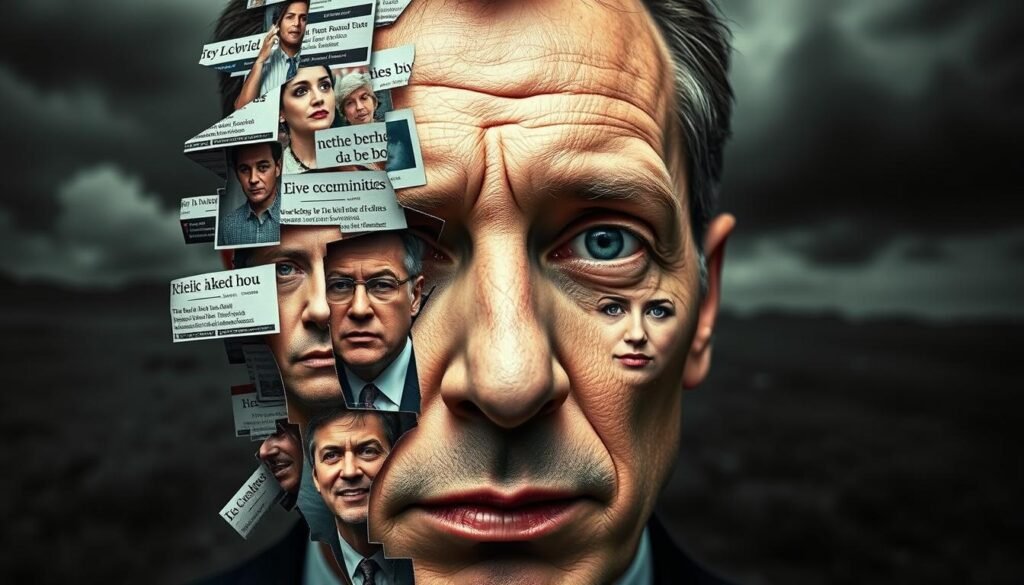 Striking high-contrast portrait showcasing the media's portrayal of neurodivergent public figures. In the foreground, a distorted, fragmented face - a collage of headlines, social media posts, and television snippets that scrutinize and misrepresent their subject. The middle ground features a kaleidoscope of diverse individuals, their expressions ranging from confusion to defiance, conveying the complex human experience often reduced to sensationalized caricatures. The background blurs into an ominous, monochromatic landscape, symbolizing the systemic biases and societal attitudes that shape public perception. Dramatic lighting casts dramatic shadows, underscoring the stark contrast between the lived realities of neurodivergent individuals and their media depiction.