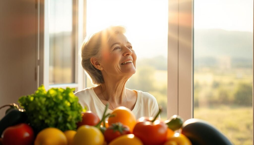 Vibrant sunlight streams through an open window, illuminating a serene scene of a woman in her 50s enjoying the warmth of the sun. Her expression is one of calm contentment as she takes in the benefits of vitamin D, the "sunshine nutrient" crucial for menopausal vitality. In the foreground, a variety of fresh fruits and vegetables symbolize the nourishing power of a healthy diet. In the background, a softly blurred landscape evokes a sense of natural harmony. The lighting is soft and diffused, creating a soothing, atmospheric ambiance that celebrates the restorative properties of vitamin D during the transformative period of menopause. Vibrant sunlight streams through an open window, illuminating a serene scene of a woman in her 50s enjoying the warmth of the sun. Her expression is one of calm contentment as she takes in the benefits of vitamin D, the "sunshine nutrient" crucial for menopausal vitality. In the foreground, a variety of fresh fruits and vegetables symbolize the nourishing power of a healthy diet. In the background, a softly blurred landscape evokes a sense of natural harmony. The lighting is soft and diffused, creating a soothing, atmospheric ambiance that celebrates the restorative properties of vitamin D during the transformative period of menopause.
