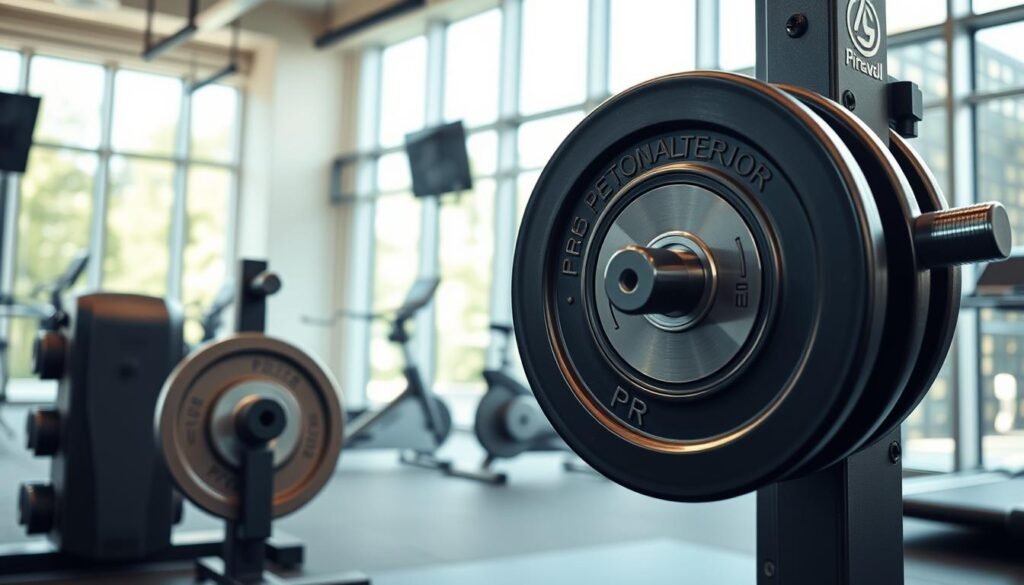 A well-equipped fitness studio with modern equipment and bright, natural lighting. In the foreground, a strong, muscular person performing a barbell squat, their face determined as they push through the final repetition. The middle ground showcases a variety of weight plates, resistance bands, and other fitness accessories, neatly arranged. The background features a large, motivational wall display with the text "Personal Record" prominently displayed, surrounded by inspirational graphics. The overall atmosphere is one of focus, discipline, and a drive to push personal limits. what does pr mean in gym