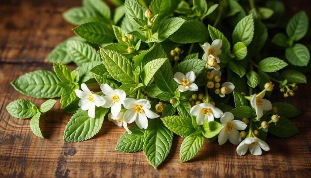 A beautifully lit, photorealistic still life depicting various lemon balm leaves, stems, and flowers arranged elegantly on a rustic wooden table. The leaves and stems are vibrant green, contrasting with the creamy white flowers. The arrangement is carefully composed, with a sense of balance and harmony. Soft, warm lighting casts gentle shadows, creating depth and a calming, contemplative atmosphere. The image is free of any text or other distractions, allowing the viewer to focus on the natural beauty and potential of this humble herb. A beautifully lit, photorealistic still life depicting various lemon balm leaves, stems, and flowers arranged elegantly on a rustic wooden table. The leaves and stems are vibrant green, contrasting with the creamy white flowers. The arrangement is carefully composed, with a sense of balance and harmony. Soft, warm lighting casts gentle shadows, creating depth and a calming, contemplative atmosphere. The image is free of any text or other distractions, allowing the viewer to focus on the natural beauty and potential of this humble herb.