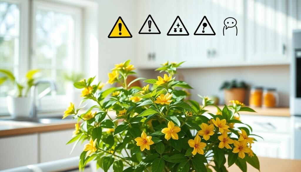 A bright, airy kitchen setting with lemon balm plants prominently displayed on the countertop. The leaves and flowers are captured in vivid detail, showcasing their vibrant green and yellow hues. In the foreground, a series of warning symbols and cautionary icons hover above the plants, alerting viewers to potential risks and precautions. The lighting is soft and natural, casting gentle shadows that add depth and dimension to the scene. The overall atmosphere is one of cautious exploration, inviting the viewer to learn more about the safe and responsible use of this herbal remedy. A bright, airy kitchen setting with lemon balm plants prominently displayed on the countertop. The leaves and flowers are captured in vivid detail, showcasing their vibrant green and yellow hues. In the foreground, a series of warning symbols and cautionary icons hover above the plants, alerting viewers to potential risks and precautions. The lighting is soft and natural, casting gentle shadows that add depth and dimension to the scene. The overall atmosphere is one of cautious exploration, inviting the viewer to learn more about the safe and responsible use of this herbal remedy.