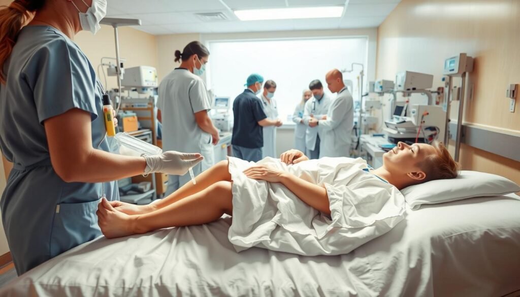 A brightly lit hospital room with a patient resting on a bed, receiving emergency medical attention for a suspected honey pack reaction. In the foreground, a nurse carefully administers intravenous fluids and monitors vital signs. The middle ground features a team of doctors examining the patient, discussing treatment options. In the background, medical equipment and supplies are neatly organized, conveying a sense of order and professionalism. The lighting is clean and direct, casting a warm, calming glow over the scene. The overall atmosphere is one of concern and urgency, with the medical staff working diligently to provide the necessary care. A brightly lit hospital room with a patient resting on a bed, receiving emergency medical attention for a suspected honey pack reaction. In the foreground, a nurse carefully administers intravenous fluids and monitors vital signs. The middle ground features a team of doctors examining the patient, discussing treatment options. In the background, medical equipment and supplies are neatly organized, conveying a sense of order and professionalism. The lighting is clean and direct, casting a warm, calming glow over the scene. The overall atmosphere is one of concern and urgency, with the medical staff working diligently to provide the necessary care.