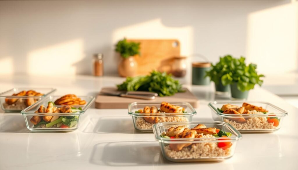 A clean, well-lit kitchen counter with an assortment of freshly prepared meals laid out. In the foreground, a series of glass meal prep containers, each filled with a balanced combination of grilled chicken, steamed vegetables, and quinoa. The lighting is soft and natural, creating a warm, inviting atmosphere. In the middle ground, a cutting board with a few remaining ingredients, a pair of kitchen shears, and a small jar of spices. The background features a minimalist backsplash, with a few potted herbs adding a touch of greenery. The overall scene conveys a sense of organization, efficiency, and a commitment to healthy eating. A clean, well-lit kitchen counter with an assortment of freshly prepared meals laid out. In the foreground, a series of glass meal prep containers, each filled with a balanced combination of grilled chicken, steamed vegetables, and quinoa. The lighting is soft and natural, creating a warm, inviting atmosphere. In the middle ground, a cutting board with a few remaining ingredients, a pair of kitchen shears, and a small jar of spices. The background features a minimalist backsplash, with a few potted herbs adding a touch of greenery. The overall scene conveys a sense of organization, efficiency, and a commitment to healthy eating.