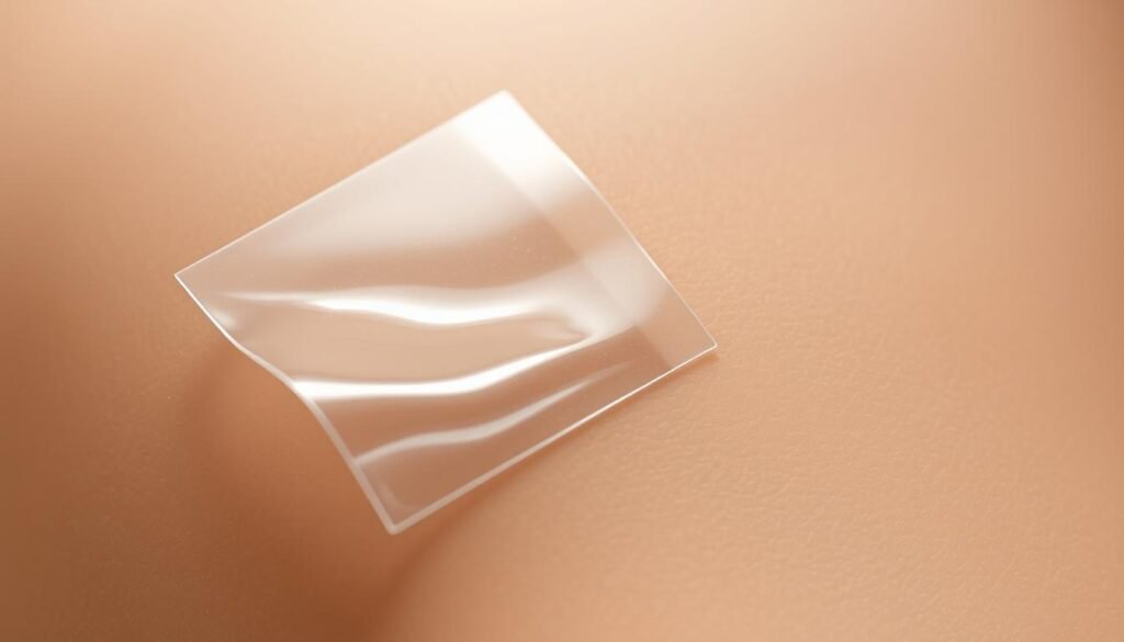 A close-up view of a freshly applied second skin tattoo aftercare treatment. The transparent, adhesive film glistens under soft, diffused lighting, providing a protective layer over the delicate, newly inked skin. The surface appears smooth and unblemished, with a subtle sheen that suggests a healthy, hydrated state. The edges of the film seamlessly blend into the surrounding skin, creating an almost seamless, "second skin" effect. The composition emphasizes the intricate details of the application, conveying a sense of care, precision, and the advanced techniques involved in modern tattoo aftercare.