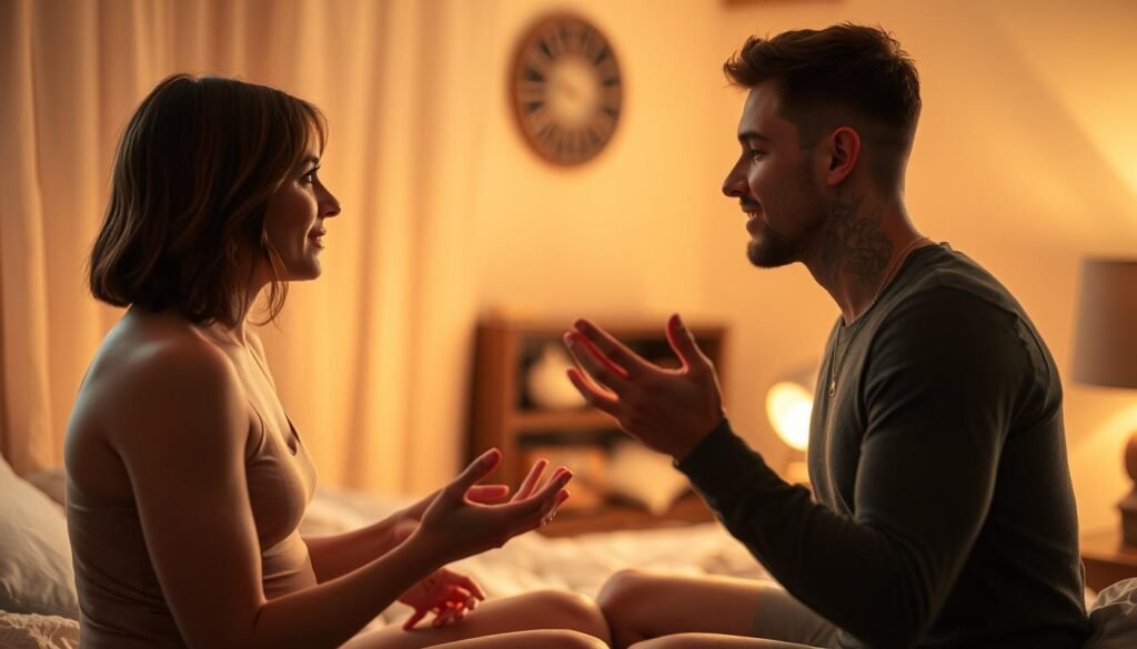 A cozy, intimate bedroom setting with two partners engaged in open, thoughtful communication. Warm, soft lighting casts a gentle glow, creating an atmosphere of trust and understanding. The partners are shown in a mid-shot, making eye contact and gesturing expressively, their body language conveying vulnerability and a willingness to share. The background is blurred, keeping the focus on the couple's interaction. The overall mood is one of emotional intimacy, emphasizing the importance of honest dialogue in cultivating a fulfilling sexual relationship.
