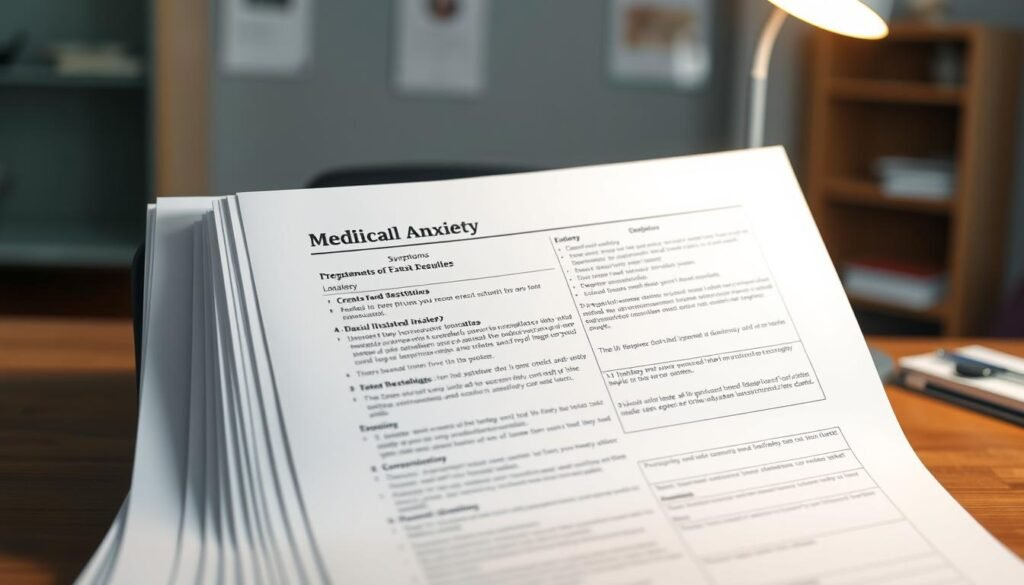 A detailed medical file with documentation of anxiety symptoms, test results, and treatment history rests on a desk, illuminated by a warm, focused light. In the background, a clinical office setting with a subtle, calming ambiance. The file's pages are organized, revealing a comprehensive record of the patient's condition and the steps taken to manage their anxiety-related challenges. The composition conveys a sense of professionalism, diligence, and the importance of thorough medical evidence in an anxiety-based disability claim. A detailed medical file with documentation of anxiety symptoms, test results, and treatment history rests on a desk, illuminated by a warm, focused light. In the background, a clinical office setting with a subtle, calming ambiance. The file's pages are organized, revealing a comprehensive record of the patient's condition and the steps taken to manage their anxiety-related challenges. The composition conveys a sense of professionalism, diligence, and the importance of thorough medical evidence in an anxiety-based disability claim.