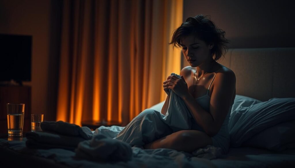 A dimly lit bedroom scene, the night's shadows casting a somber mood. In the foreground, a woman sits up in bed, her hair disheveled and face weary, as she applies a cool, damp cloth to her glistening skin. Beside her, discarded towels and a glass of water on a bedside table, suggesting the restless struggle against persistent night sweats. The background is softly blurred, emphasizing the woman's solitary experience. Warm, golden lighting filters through the curtains, creating a moody, atmospheric ambiance. The overall composition conveys the frustration and discomfort of a postpartum woman seeking relief from this common but debilitating condition. A dimly lit bedroom scene, the night's shadows casting a somber mood. In the foreground, a woman sits up in bed, her hair disheveled and face weary, as she applies a cool, damp cloth to her glistening skin. Beside her, discarded towels and a glass of water on a bedside table, suggesting the restless struggle against persistent night sweats. The background is softly blurred, emphasizing the woman's solitary experience. Warm, golden lighting filters through the curtains, creating a moody, atmospheric ambiance. The overall composition conveys the frustration and discomfort of a postpartum woman seeking relief from this common but debilitating condition.