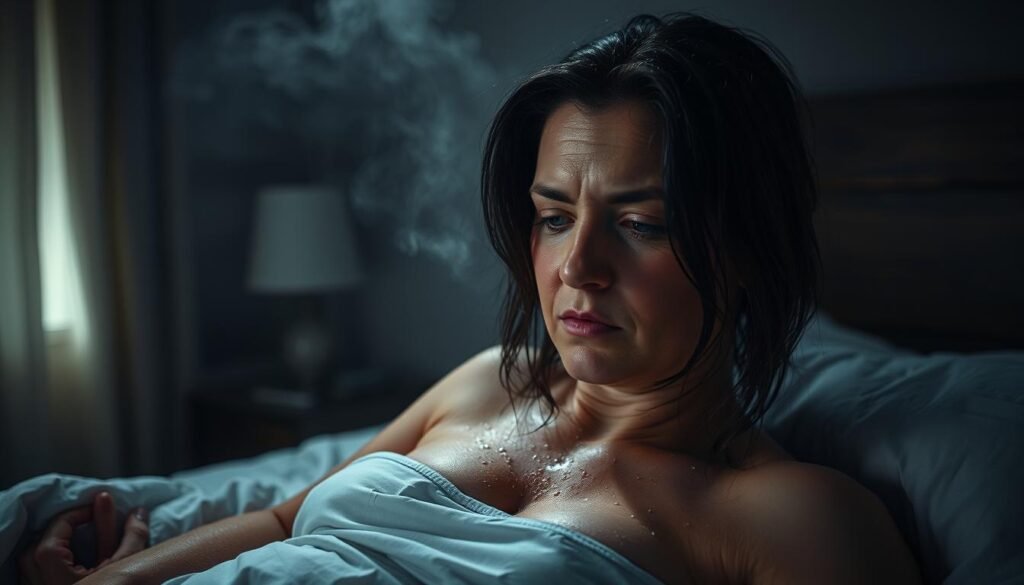 A dimly lit bedroom, the air thick with a cloying, humid scent. On the bedsheets, a figure drenched in sweat, hair plastered to a flushed forehead. Beads of perspiration glisten on pale skin, a visceral testament to the body's post-pregnancy turmoil. The atmosphere is stifling, charged with discomfort and the palpable sense of a woman's struggle to regain equilibrium. Soft, muted tones evoke the intimacy and vulnerability of this private moment, as the camera captures the essence of postpartum night sweats in all their raw, unsettling glory. A dimly lit bedroom, the air thick with a cloying, humid scent. On the bedsheets, a figure drenched in sweat, hair plastered to a flushed forehead. Beads of perspiration glisten on pale skin, a visceral testament to the body's post-pregnancy turmoil. The atmosphere is stifling, charged with discomfort and the palpable sense of a woman's struggle to regain equilibrium. Soft, muted tones evoke the intimacy and vulnerability of this private moment, as the camera captures the essence of postpartum night sweats in all their raw, unsettling glory.
