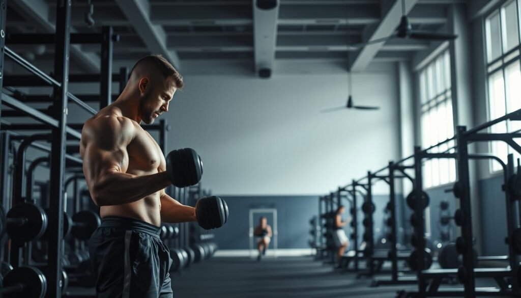 A dimly lit gym interior, with heavy-duty weight racks and exercise equipment arranged in a symmetrical layout. In the foreground, a muscular man in a tank top and shorts performs a series of dumbbell exercises, his expression intense as he focuses on the movement. The lighting casts dramatic shadows, accentuating the definition of his physique. In the middle ground, a diverse range of workout stations are visible, each with a different exercise variation. The background features a clean, minimalist aesthetic, with high ceilings and large windows providing a sense of scale and natural light. The overall atmosphere is one of dedication, discipline, and the pursuit of physical excellence, capturing the essence of the "Arnold Split" workout routine.