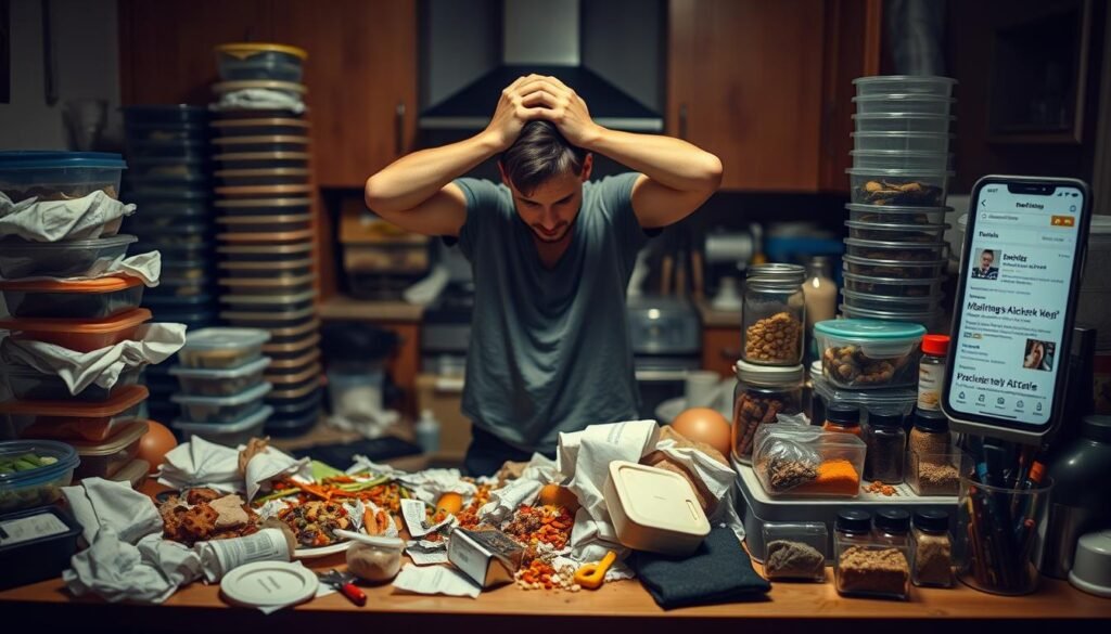 A dimly lit kitchen counter with an array of meal prep containers, utensils, and ingredients scattered haphazardly. In the foreground, a frustrated person stands, hands on their head, surrounded by a mess of spilled food and crumpled recipes. The middle ground features a towering stack of Tupperware lids, a jumbled drawer of mismatched spices, and a smartphone displaying a complex meal plan. The background is blurred, suggesting the overwhelming nature of the task at hand. Warm, muted lighting casts long shadows, adding to the sense of challenge and difficulty. An aura of disorganization and stress permeates the scene, capturing the common struggles of maintaining a consistent meal prep routine. A dimly lit kitchen counter with an array of meal prep containers, utensils, and ingredients scattered haphazardly. In the foreground, a frustrated person stands, hands on their head, surrounded by a mess of spilled food and crumpled recipes. The middle ground features a towering stack of Tupperware lids, a jumbled drawer of mismatched spices, and a smartphone displaying a complex meal plan. The background is blurred, suggesting the overwhelming nature of the task at hand. Warm, muted lighting casts long shadows, adding to the sense of challenge and difficulty. An aura of disorganization and stress permeates the scene, capturing the common struggles of maintaining a consistent meal prep routine.