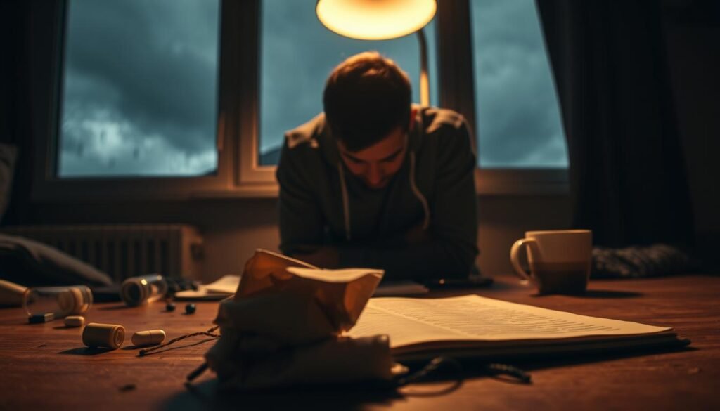 A dimly lit room, shadows cast across a man's face, conveying a sense of isolation and inner turmoil. In the foreground, a crumpled journal, a symbol of the private battles fought within. Scattered around, hints of neglect - a half-empty pill bottle, a forgotten mug of cold coffee. The middle ground reveals a figure hunched over, shoulders slumped, eyes downcast, the weight of his depression palpable. In the background, a window frames a gloomy, rain-streaked sky, mirroring the man's emotional landscape. Soft, warm lighting from a single lamp emphasizes the contrast between the man's outward appearance and the inner darkness he struggles to conceal.