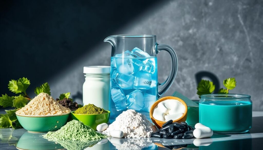 A glossy, well-lit still life composition featuring an array of aqua sculpt ingredients. In the foreground, an assortment of powdered and liquid supplements in various shades of blue, green, and white - including powdered kelp, spirulina, and chlorella. In the middle ground, a glass pitcher filled with crystal clear ice water, reflecting the colors of the surrounding elements. In the background, a smooth, slate-grey surface, accentuating the vibrant, cool-toned palette. Dramatic side lighting casts long shadows, heightening the sense of depth and dimensionality. The overall mood is one of health, hydration, and the refreshing qualities of ice-cold, mineral-rich water.