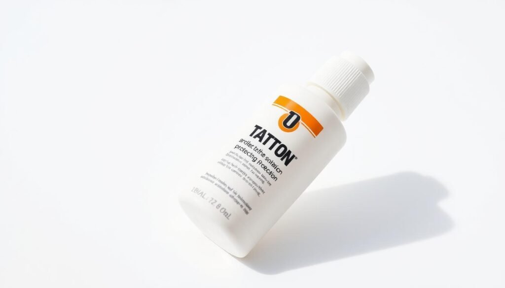A high-resolution close-up photograph of a bottle of specialized SPF sunscreen for protecting tattoos, positioned prominently on a plain white background. The bottle has a minimalist, modern design with clear labeling indicating its purpose for tattoo protection. The lighting is natural and diffused, creating a clean, studio-like appearance. The focus is sharp, showcasing the texture and details of the bottle, including any branding or typography. The overall mood is informative and practical, reflecting the importance of proper tattoo aftercare.