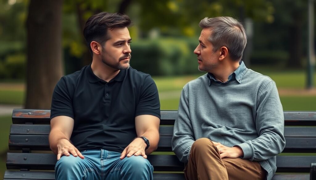 A man sitting on a park bench, his body language open and his face expressing vulnerability as he speaks earnestly with another man beside him. The lighting is soft, creating a sense of intimacy and trust. The background is blurred, focusing attention on their connection. Their faces are visible, but not too detailed, allowing the viewer to empathize with their emotional conversation about mental health struggles. A warm, muted color palette evokes a feeling of understanding and support.