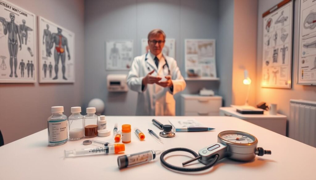 A medical office setting with an examination table in the foreground. On the table, various medical devices and tools are arranged, such as syringes, pill bottles, and a stopwatch. In the middle ground, a doctor in a white coat is gesturing towards the table, explaining the treatment options. The background features anatomical diagrams and medical charts on the walls, creating a professional, clinical atmosphere. Warm, soft lighting illuminates the scene, conveying a sense of care and expertise. The overall mood is one of informed, discreet medical guidance.