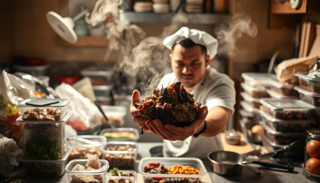 A messy kitchen counter overflowing with spoiled ingredients, half-empty meal prep containers, and a jumble of cooking utensils. In the foreground, a frustrated chef holds a burnt, unappetizing meal as steam rises, casting dramatic shadows. The lighting is harsh, creating deep contrast and emphasizing the sense of disarray. The background is blurred, drawing the eye to the central subject and evoking a feeling of culinary disaster. The overall atmosphere conveys the common mistakes and challenges of ineffective meal prepping, serving as a cautionary tale for the article's readers. A messy kitchen counter overflowing with spoiled ingredients, half-empty meal prep containers, and a jumble of cooking utensils. In the foreground, a frustrated chef holds a burnt, unappetizing meal as steam rises, casting dramatic shadows. The lighting is harsh, creating deep contrast and emphasizing the sense of disarray. The background is blurred, drawing the eye to the central subject and evoking a feeling of culinary disaster. The overall atmosphere conveys the common mistakes and challenges of ineffective meal prepping, serving as a cautionary tale for the article's readers.