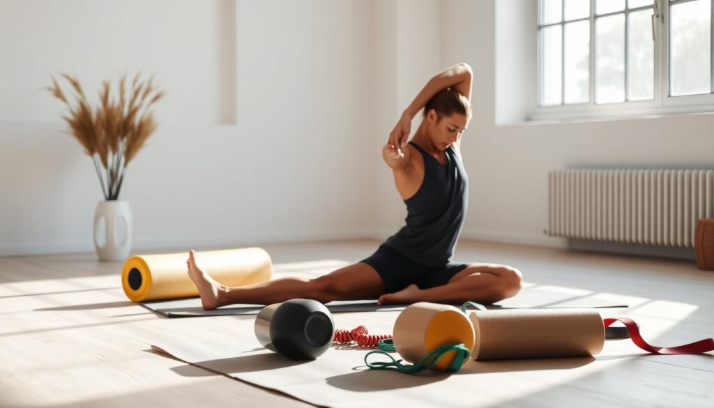 A minimalist, well-lit studio scene depicting various recovery strategies for high-volume training. In the foreground, an athlete stretching on a yoga mat, deep in concentration. The middle ground features a table with an assortment of recovery tools, such as a foam roller, massage ball, and resistance bands. In the background, a large window allows natural light to flood the space, creating a serene and rejuvenating atmosphere. The composition emphasizes the importance of active recovery and holistic self-care for individuals engaging in intense, high-volume workout routines.