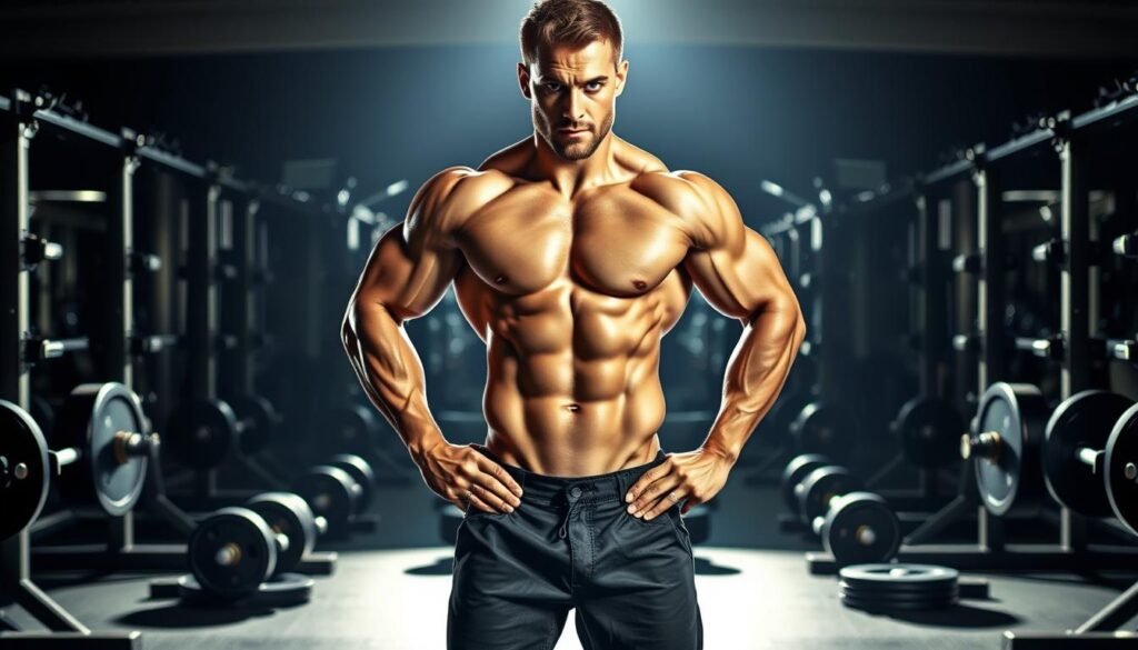 A muscular male figure stands in the center, his torso divided into two halves - one side representing the Arnold Split workout, the other the Push Pull Legs (PPL) routine. The Arnold Split side showcases a more defined, sculpted physique, while the PPL side displays a more balanced, symmetrical build. In the background, parallel workout equipment such as barbells, dumbbells, and weight plates create a gym-like setting, emphasizing the comparison between the two training methodologies. Dramatic lighting casts dramatic shadows, highlighting the intricate muscle groups and the contrast between the two workout regimens. The image conveys a sense of power, discipline, and the pursuit of physical transformation.