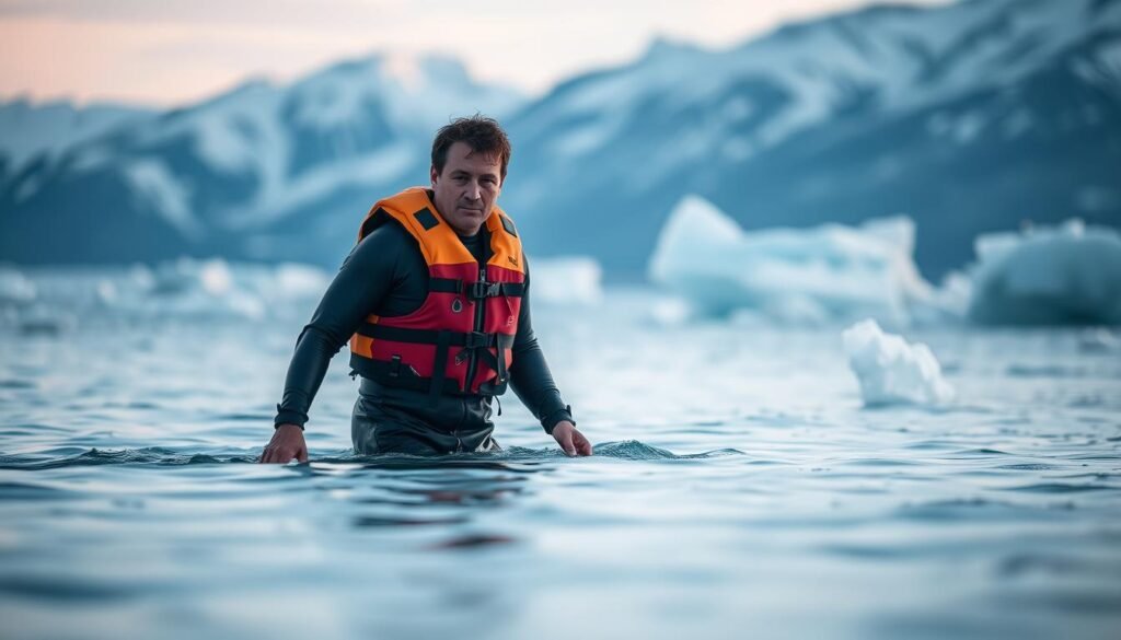 A person wearing a wetsuit and life jacket wading carefully into a frigid body of water, surrounded by ice floes and snow-capped mountains in the distance. The scene is illuminated by soft, diffused natural lighting, casting a serene, contemplative atmosphere. The subject's expression conveys a sense of caution and preparation, highlighting the importance of proper safety measures during cold water immersion activities. The foreground is in sharp focus, while the background gradually blurs, drawing the viewer's attention to the central figure and their actions.