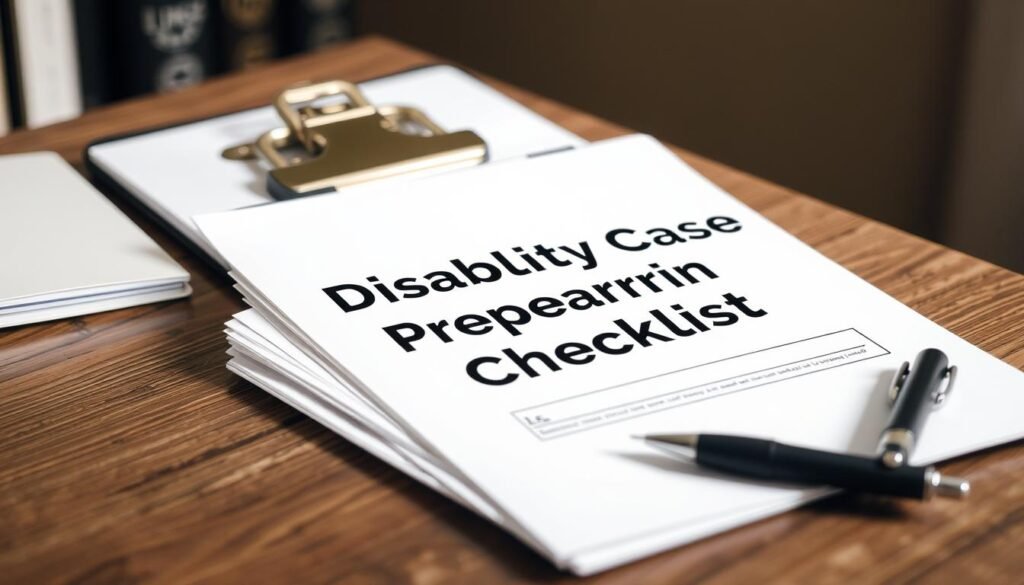 A professional, neatly organized desk with a clipboard, pen, and a stack of documents labeled "Disability Case Preparation Checklist". The lighting is soft and warm, creating a focused and productive atmosphere. The background is blurred, with muted colors and textures to draw the viewer's attention to the central documents. The overall composition conveys a sense of diligence, attention to detail, and the importance of thorough preparation when building a strong disability case. A professional, neatly organized desk with a clipboard, pen, and a stack of documents labeled "Disability Case Preparation Checklist". The lighting is soft and warm, creating a focused and productive atmosphere. The background is blurred, with muted colors and textures to draw the viewer's attention to the central documents. The overall composition conveys a sense of diligence, attention to detail, and the importance of thorough preparation when building a strong disability case.