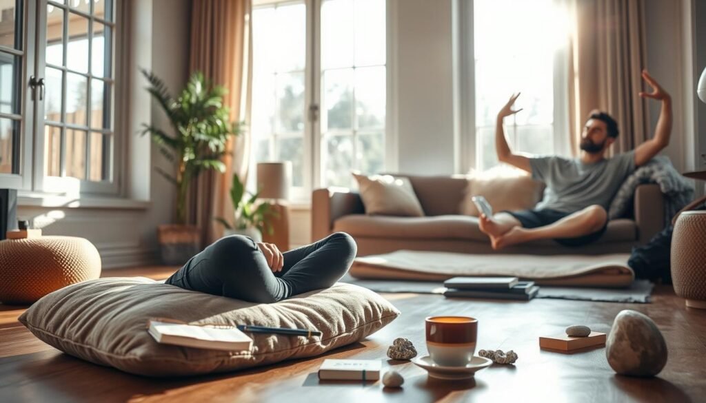 A serene indoor setting with natural lighting streams through large windows, casting a warm, calming glow. In the foreground, a single man sits cross-legged on a plush meditation cushion, eyes closed in deep contemplation. Scattered around him are various self-care items - a journal, a therapeutic stone, a cup of herbal tea. In the middle ground, another man reclines on a comfortable couch, reading a book on mindfulness. In the background, a third man practices gentle yoga poses, his movements fluid and graceful. The overall atmosphere evokes a sense of tranquility, introspection, and a commitment to personal well-being.