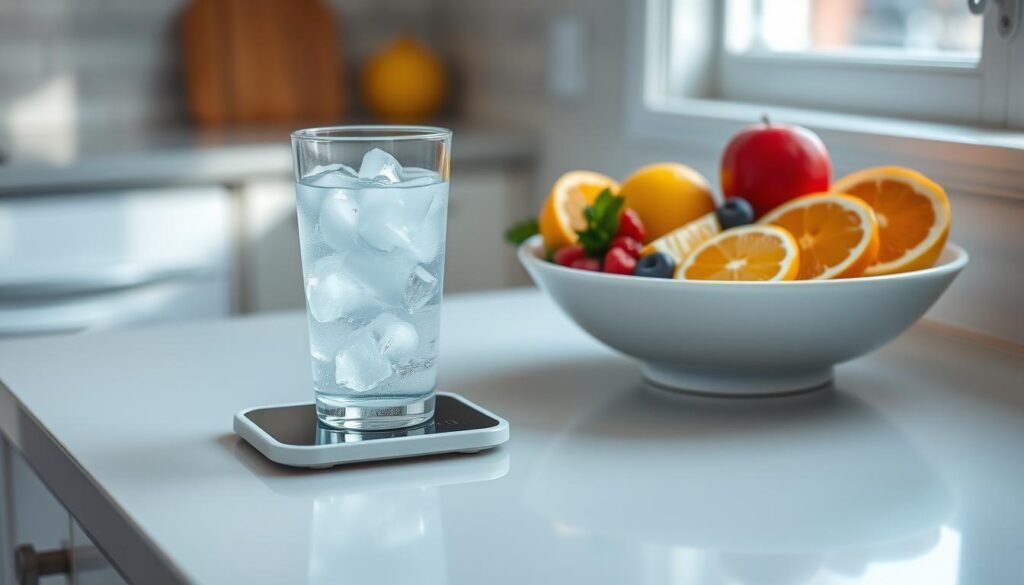 A serene, well-lit kitchen countertop with a glass of ice water, a digital scale, and a bowl of fresh fruits like sliced apples, berries, and citrus wedges. The scene conveys a sense of simplicity and health-consciousness, with soft, natural lighting emphasizing the refreshing and hydrating properties of the icy water. The angle is slightly elevated, creating a clean, minimalist composition that highlights the key elements for a safe, effective cold water weight loss method.