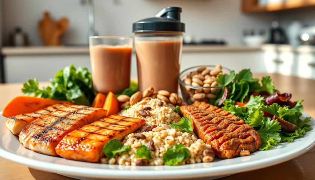 A vibrant plate featuring a variety of high-protein foods, meticulously arranged to showcase a balanced and nutritious diet for body recomposition. In the foreground, grilled chicken breasts, seared salmon fillets, and a hearty serving of lean ground turkey sit alongside roasted sweet potatoes, quinoa, and a vibrant green salad. The middle ground features a shaker bottle filled with a protein-rich smoothie, complemented by a selection of raw nuts and seeds. The background subtly highlights the modern, minimalist kitchen setting, with natural lighting casting a warm glow over the scene. The overall composition conveys a sense of health, vitality, and a commitment to fueling the body for optimal performance and transformation. A vibrant plate featuring a variety of high-protein foods, meticulously arranged to showcase a balanced and nutritious diet for body recomposition. In the foreground, grilled chicken breasts, seared salmon fillets, and a hearty serving of lean ground turkey sit alongside roasted sweet potatoes, quinoa, and a vibrant green salad. The middle ground features a shaker bottle filled with a protein-rich smoothie, complemented by a selection of raw nuts and seeds. The background subtly highlights the modern, minimalist kitchen setting, with natural lighting casting a warm glow over the scene. The overall composition conveys a sense of health, vitality, and a commitment to fueling the body for optimal performance and transformation.