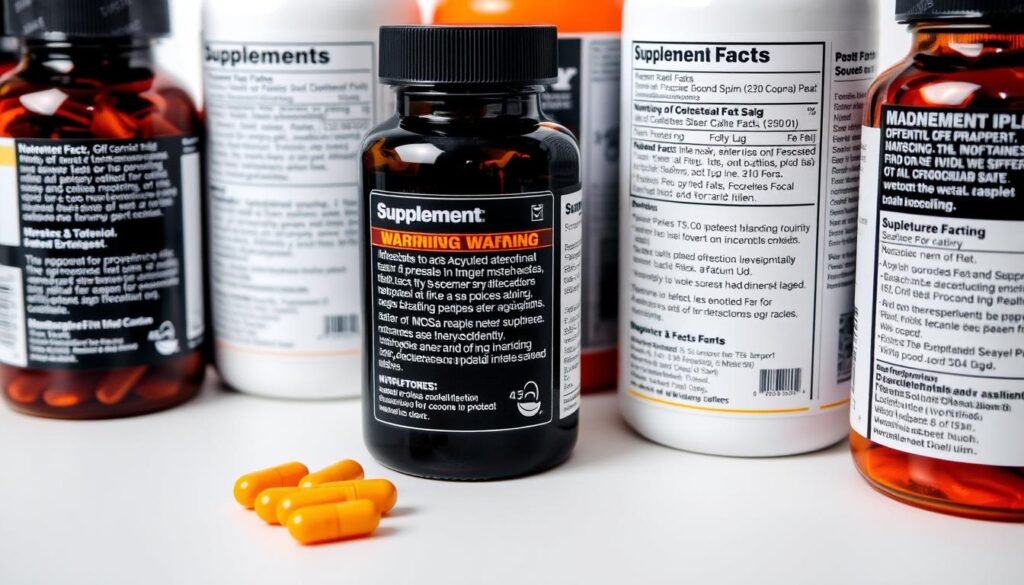 A well-lit close-up view of FDA-approved supplement warning labels displayed on multiple pill bottles and packaging, arranged neatly on a clean, neutral background. The labels feature clear, bold text outlining potential health risks, side effects, and other important safety information as mandated by the FDA. The layout conveys a sense of transparency and attention to detail, reflecting the seriousness of the subject matter. The overall tone is informative and authoritative, capturing the essence of the "What the FDA Says: Public Health Warnings" section. A well-lit close-up view of FDA-approved supplement warning labels displayed on multiple pill bottles and packaging, arranged neatly on a clean, neutral background. The labels feature clear, bold text outlining potential health risks, side effects, and other important safety information as mandated by the FDA. The layout conveys a sense of transparency and attention to detail, reflecting the seriousness of the subject matter. The overall tone is informative and authoritative, capturing the essence of the "What the FDA Says: Public Health Warnings" section.