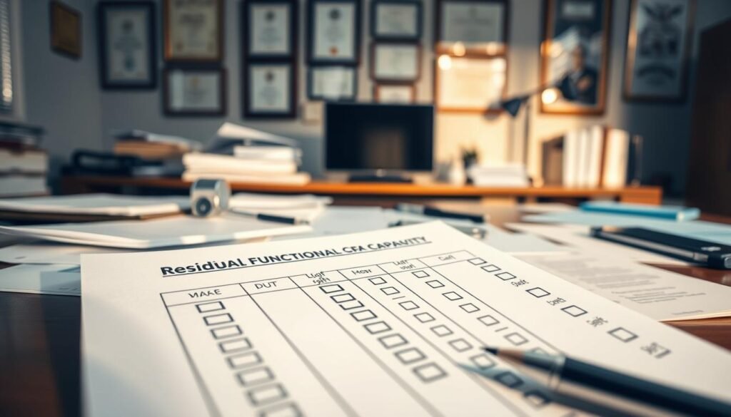 A well-lit office setting with a desk, computer, and medical documents scattered across the surface. In the foreground, a hand-drawn form titled "Residual Functional Capacity Assessment" sits prominently, its columns and checkboxes hinting at the complex medical evaluation process. The background features a wall-mounted diplomas and certificates, suggesting an authoritative, professional atmosphere. Soft, directional lighting casts a warm glow, creating a contemplative mood as the viewer considers the implications of this assessment on a person's ability to qualify for disability benefits due to anxiety-related conditions. A well-lit office setting with a desk, computer, and medical documents scattered across the surface. In the foreground, a hand-drawn form titled "Residual Functional Capacity Assessment" sits prominently, its columns and checkboxes hinting at the complex medical evaluation process. The background features a wall-mounted diplomas and certificates, suggesting an authoritative, professional atmosphere. Soft, directional lighting casts a warm glow, creating a contemplative mood as the viewer considers the implications of this assessment on a person's ability to qualify for disability benefits due to anxiety-related conditions.