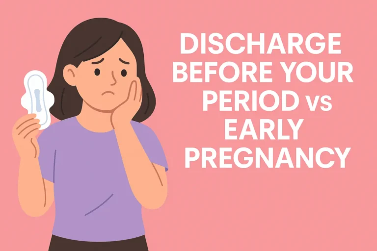Concerned woman holding a sanitary pad next to bold text saying “Discharge Before Your Period vs Early Pregnancy” on a pink background.